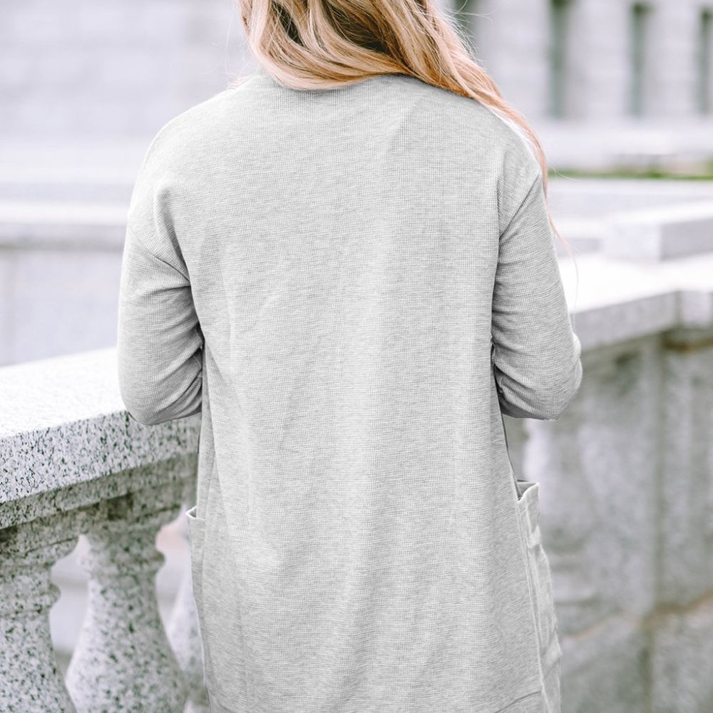 Light Gray Thermal Waffle Knit Open Front Pocketed Long Cardigan Fall Winter - Picture 2 of 10